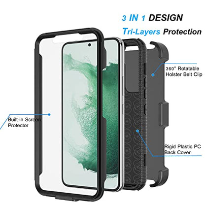 Njjex Rugged Case for Samsung Galaxy S22 Plus, for Galaxy S22 Plus Case, [Nbeck] Heavy Duty Built-in Screen Protector Locking Swivel Holster Belt Clip Kickstand Hard Cover for Samsung S22+ [Black]