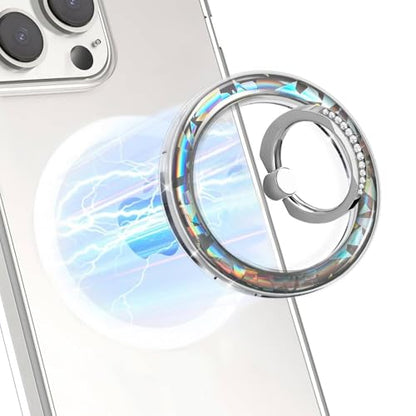 Silver Magnetic Phone Ring,Transparent Strong Magnet Phone Grip Holder,360°Adjustable & Removable Clear Golden Laser Design Diamond Ring for Phones & Tablets - color: Clear Silver Golden Diamond Laser