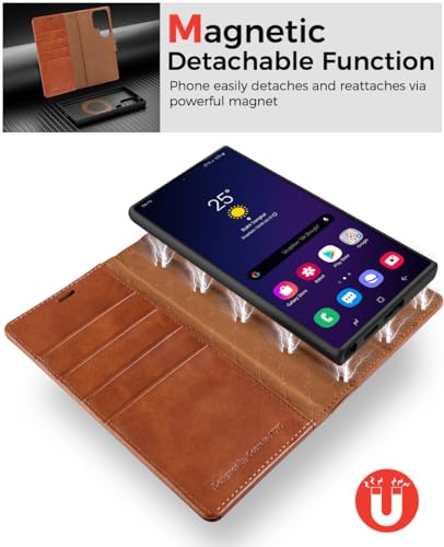 OCASE for Samsung Galaxy S24 Ultra Detachable Wallet Case with Card Holder, [2 in 1] PU Leather Flip Folio Case with RFID Blocking Magnetic Stand Shockproof Phone Cover 6.8 Inch 2024, Brown | [Removable Magnetic Case] [Wireless Charging] [Card Slot] Mobil