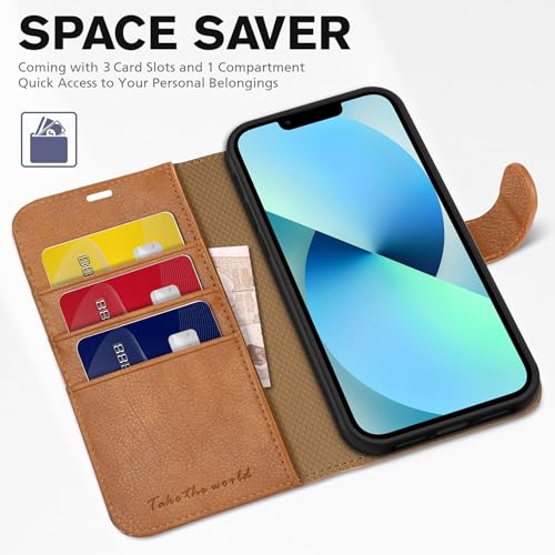 TUCCH Wallet Case for iPhone 13 (6.1") 2021, 3 Card Slots, Light Brown | RFID Blocking, Viewing Stand, Shockproof TPU Shell, PU Leather, Magnetic Closure, Protective Folio Flip Cover - color: Brown - Textured
