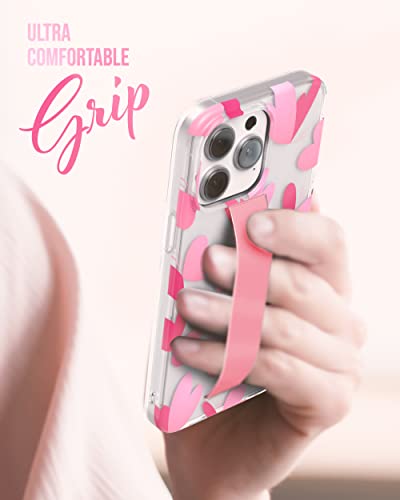 ENCASED Finger Loop Case Designed for iPhone 14 Pro Max with Hand Strap Grip, Cute Pink Butterfly-Heart Design (Screen Protector Included) - color: Pink Heart Butterfly