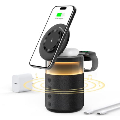 5-in-1 Magnetic Wireless Charging Station for Apple Device, Portable Bluetooth Speaker with Adjustable Night Light, 33W Fast Charger Stand for iPhone 17/16/15/14/13 Pro Max, Apple Watch, AirPods - color: Black