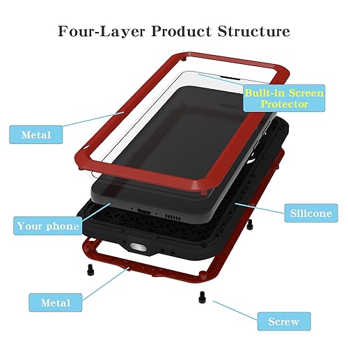 LOVE MEI Military Rugged Case for Samsung Galaxy S23 Fe, with Tempered Glass Screen Protector, Shockproof Dustproof Scratch Proof Hybrid Metal and Silicone Gel Heavy Duty Full Body Cover (Red) - color: Red