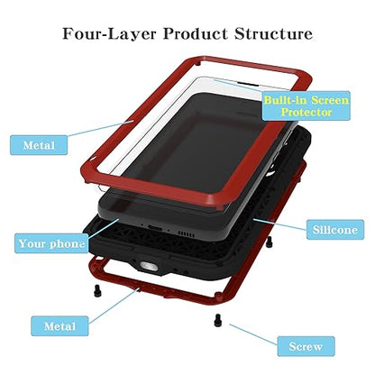 LOVE MEI Military Rugged Case for Samsung Galaxy S23 Fe, with Tempered Glass Screen Protector, Shockproof Dustproof Scratch Proof Hybrid Metal and Silicone Gel Heavy Duty Full Body Cover (Red) - color: Red