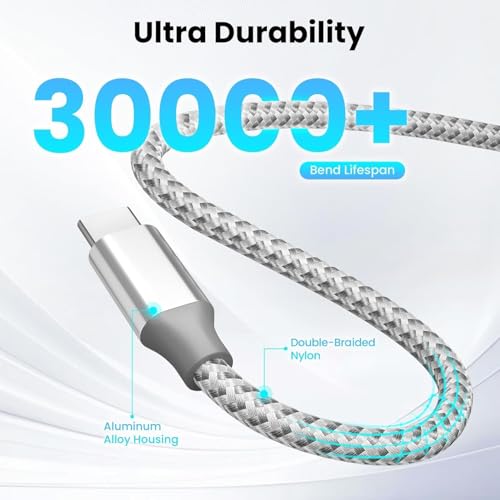 KYEHD USB C to USB C Cable 10ft 3 Pack 60W Fast Charging Long Charger Cord - color: Grey white