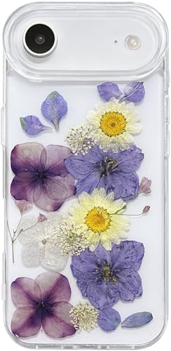 Abbery for iPhone 17 Air Case Cute Clear with Dry Real Flower Design Soft TPU Aesthetic Shockproof Women Girly Trendy Violet White Purple Floral Protective Phone Case for iPhone Air - color: Purple Flower, size: for iPhone Air