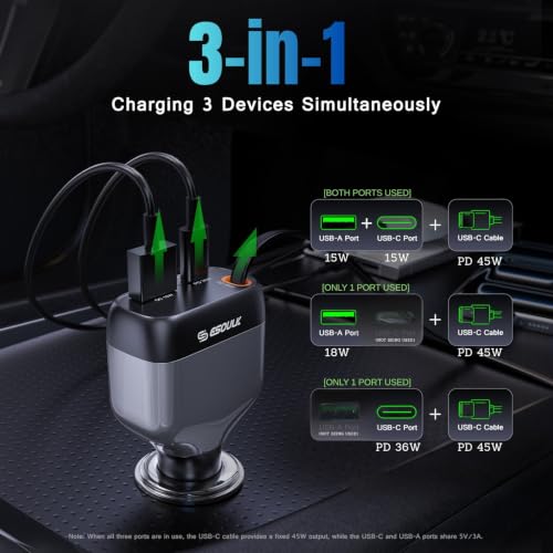81W Retractable Car Charger, 45W USB-C Cable, 3-Port Fast Charger