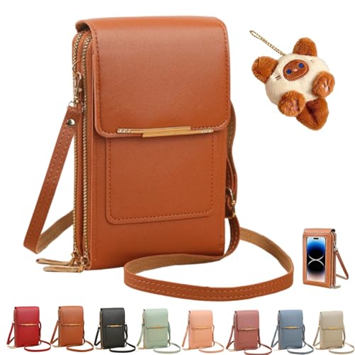 Women's Touch Screen Mobile Phone Messenger Bag,Anti-Theft Mobile Leather Bag,Leather Waterproof Crossbody Wallet Purse - color: Brown