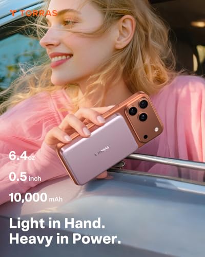 TORRAS MiniMag Power Bank,Ultra-Slim 10,000mAh Magnetic Wireless Portable Charger, 22.5W Fast Charging iPhone Air Magnetic Battery Pack Designed for iPhone 17 Pro Max/17 Pro/Air/16/15/14/13/12, Pink - color: Dawn Rose