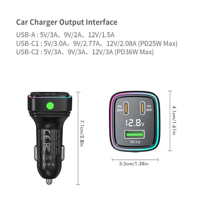 60W Fast Car Charger USB C Quick Charging Adapter PD 36W Fast Charging with Led and Voltage Display for iPhone16 15 X Samsung