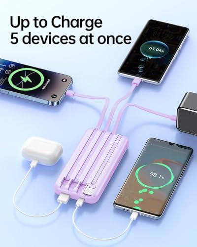 Portable Charger with Built in Cable 20000mAh Fast Charging - color: Purple