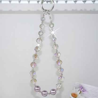 Sparkle Crystal Pearl Phone Wrist Strap for Women, Sparkling Beaded Cellphone Lanyard Chain - color: Purple