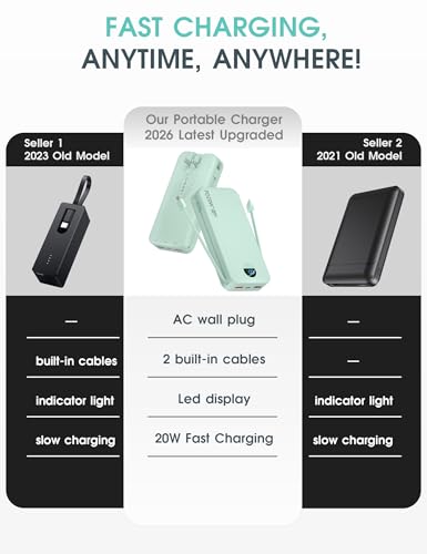 citicr Portable Charger 20000mAh PD20W w/Built-in Cables & Wall Plug Green - color: Olive