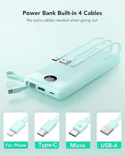 VRURC Portable Charger, Slim Power Bank Built-in 4 Cables, Travel Essential - color: Green