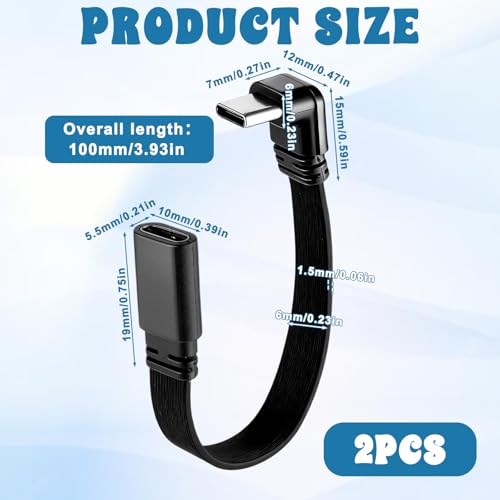 2pack 90 Degree USB C Extension Cable, Usb2.0 C Male to Female Adapter, 4inch/10cm Short Right Angle USB Male to Female Cable, Only Compatible with Power of 65w or Less - size: 4inch
