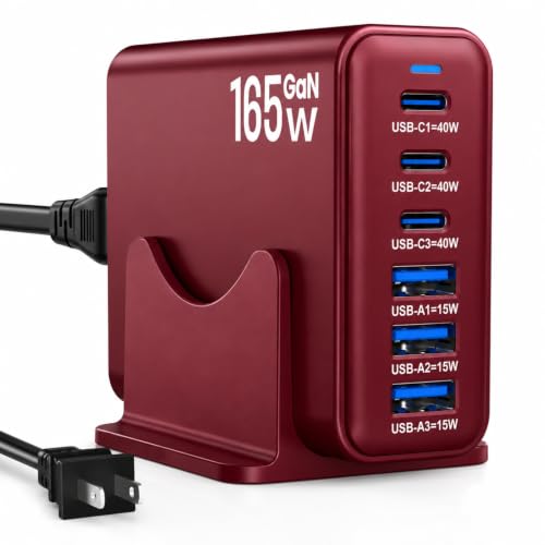 165W GaN Charging Station, 6-Port Desk Charging Station, Burgundy - color: Burgundy