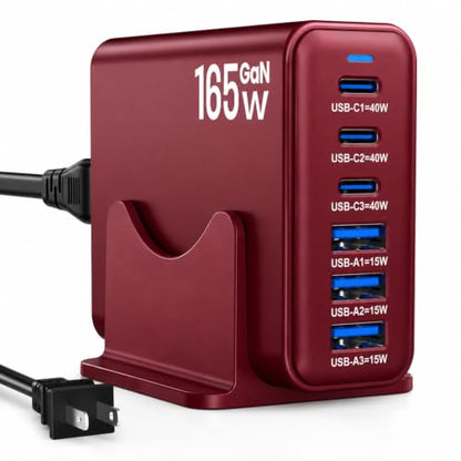 165W GaN Charging Station, 6-Port Desk Charging Station, Burgundy - color: Burgundy
