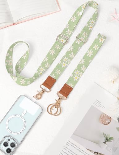 Phone Lanyard Crossbody Strap, Adjustable Neck Strap and Wristlet Strap for Phone Wallet ID Badge with 2 Phone Tabs - color: Green Daisies