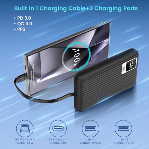 25W Super Fast Charging Portable Charger 10000mAh Power Bank,Built in Cable