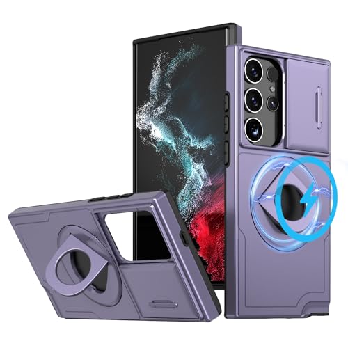 ANNGELAS for Samsung Galaxy S23 Ultra Mag Safe Kickstand Case with Slide Camera Cover,Slim Shockproof Military Heavy Duty Anti Drop Full Body Protection,360 Rotating Stand Magnetic Phone Case(Purple) - color: Magnetic Stand Purple