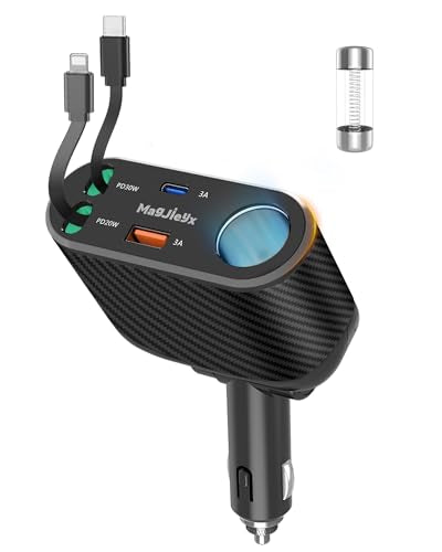 MAGJIEYX Car Cigarette Lighter Splitter Charger, Fast Car Phone Charger with 1-Socket(100W) Charging Adapter and USB C Coiled Cable for iPhone 17 16 15, Galaxy S25 Ultra/iPad/GPS/Dash Cam/Laptop