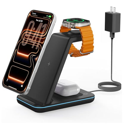 Wireless Charger for iPhone Charging Station: 3 in 1 Phone Charger Stand for iPhone 17/16/15/14/13/12/11/SE/X Pro Max Plus - Apple Watch 11/10/9/Ultra 2/8/SE/7/6/5 - AirPods 4/Pro 2/3 - color: Black