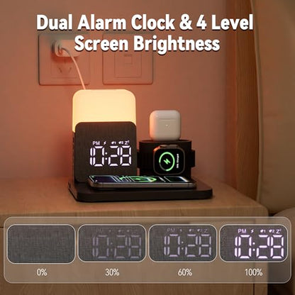 7 in 1 Clock with Charging Station, Charger with Alarm Clock Night Light - color: Black
