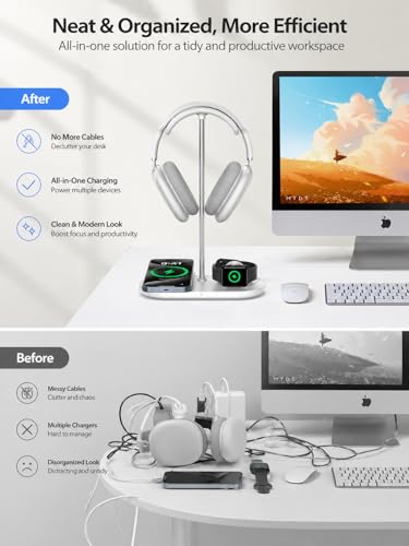 Headphone Stand with Wireless Charger, Holder for Airpods Max/iPhone/iWatch - color: Cream White
