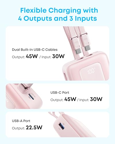 Anker Power Bank,20,000mAh 45W Portable Charger,Dual Built-in USB-C Cables - color: White, size: Built-in C cable*2