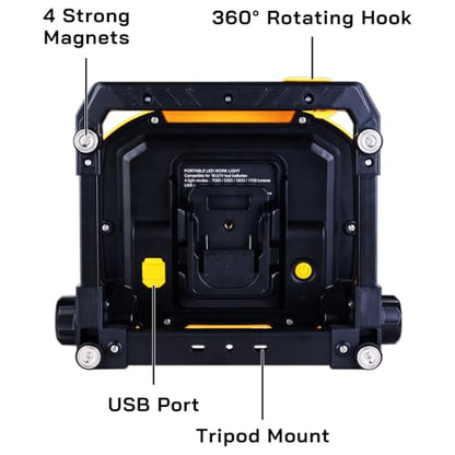 7000LM 45W Waterproof Cordless LED Work Flood Light, Compatible for Dewalt Makita 20V Milwaukee 18V m18 Rechargeable Lithium Tool Battery - style: Cordless Version-7K LM-Yellow