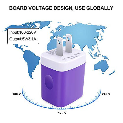 3 Port USB Wall Charger - Multi-Port USB Plug, 5V 3.1A Compatible with iPhone 14/13/12/11/Xs/XR/8/7/6S, Samsung Galaxy S23/S22/S21/A14/A13/Note 20, LG V20/V30/V35 THINQ Q7 - color: Purple