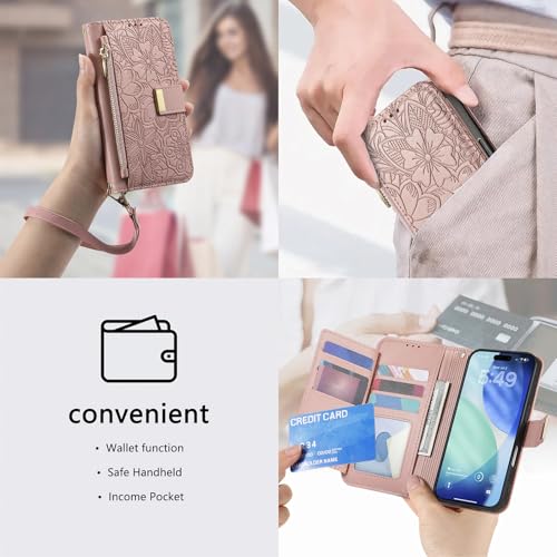 for iPhone 17 Pro Phone Case Wallet, Pink | Built-in Card Holder (8-10 Cards), Zipper Pocket, Wrist Strap, Stand Kickstand, Flower PU Leather Protective Phone Case Women - color: Pink, size: iPhone 17 Pro
