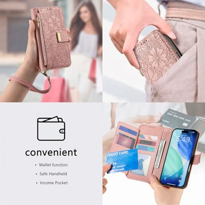 for iPhone 17 Pro Max Phone Case Wallet, Pink | Built-in Card Holder (8-10 Cards), Zipper Pocket, Wrist Strap, Stand Kickstand, Flower PU Leather Protective Phone Case Women - color: Pink, size: iPhone 17 Pro Max