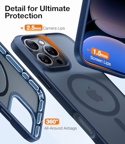TORRAS Stronger Magnetic for iPhone 16 Pro Case, Translucent Matte Blue | Compatible with MagSafe, Military Grade Drop Protection, Shockproof Airbag, Camera Control, Color Button, Slim Anti-Scratch - color: Deep Blue