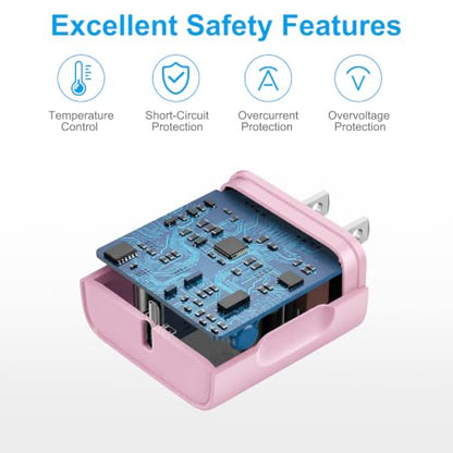 iPhone 17 16 15 Charger Fast Charging 12FT - 20W USB C Charger Block - color: Pink, size: 12FT