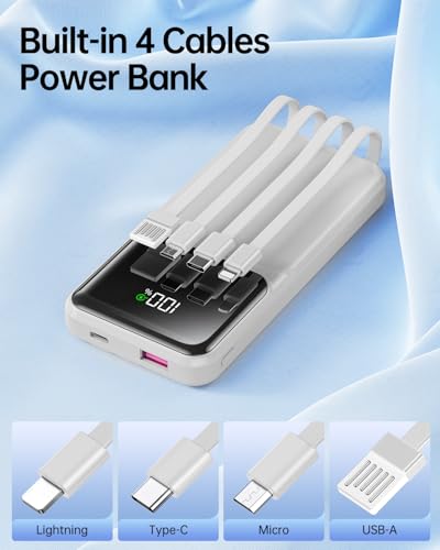 Portable Charger Power Bank with Built in Cable 20000mAh Fast Charging - color: Grey
