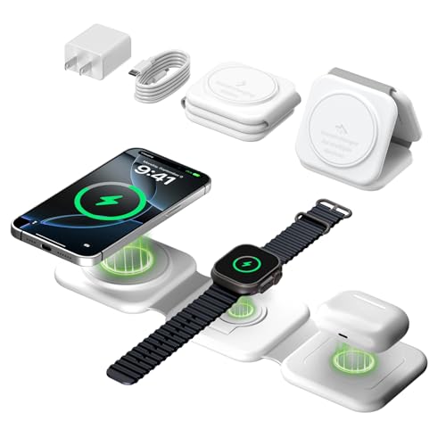 Travel Charger for Multiple Devices: 15W 3-in-1 Foldable Magnetic Wireless Charging Station for MagSafe-Compatible iPhone 17 17e 16 15 14 13 12 Pro Max, Watch & AirPods-Sleek Portable Design, White