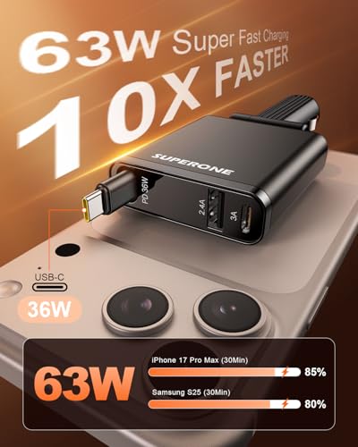 SUPERONE Car Charger USB C Fast Charge, Ultra-Slim Retractable Car Charger - color: Frosted Black