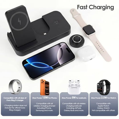 4 in 1 Charging Station for Oura Ring Gen 3 Charger (Oura Ring Charger NOT Included), 15W Fast Magnetic Charger for iPhone, Apple Watch, AirPods, Wireless Charger for Samsung Galaxy