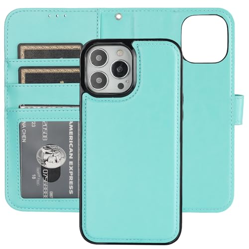 Bocasal Detachable Wallet Case Card Holder for iPhone 13 Pro Max Light Blue | RFID Blocking Kickstand Card Slots Holder PU Leather Magnetic Shockproof Wrist Strap Removable Flip Protective Cover 6.7 inch - color: Light Blue