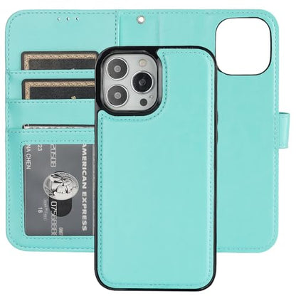 Bocasal Detachable Wallet Case Card Holder for iPhone 13 Pro Max Light Blue | RFID Blocking Kickstand Card Slots Holder PU Leather Magnetic Shockproof Wrist Strap Removable Flip Protective Cover 6.7 inch - color: Light Blue