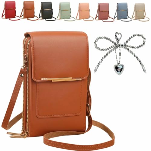 Anti-theft leather bag, Women's Touch Screen Mobile Phone Messenger bag, RFID Block Mobile Phone Purse - color: Brown