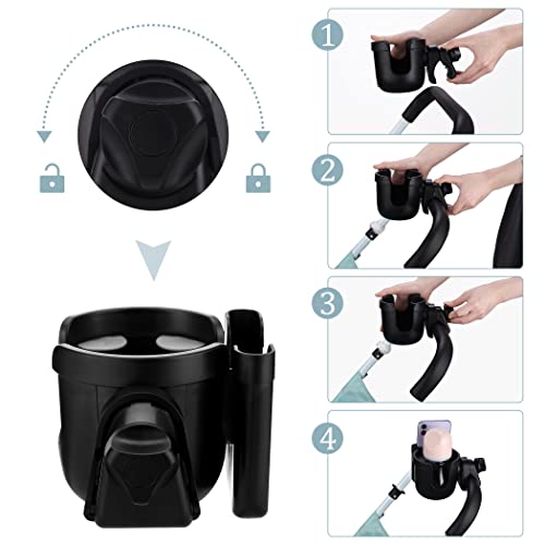Suranew Universal Stroller Cup Holder, Adjustable Drink Holder with Phone Holder for Baby Stroller, Wheelchair, Walker, Bike, Scooter, Gifts for Family Member. - color: Black