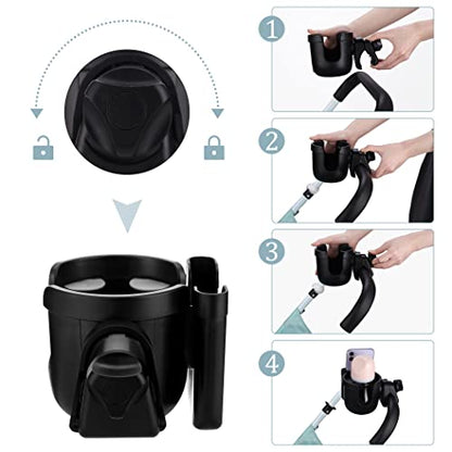 Suranew Universal Stroller Cup Holder, Adjustable Drink Holder with Phone Holder for Baby Stroller, Wheelchair, Walker, Bike, Scooter, Gifts for Family Member. - color: Black