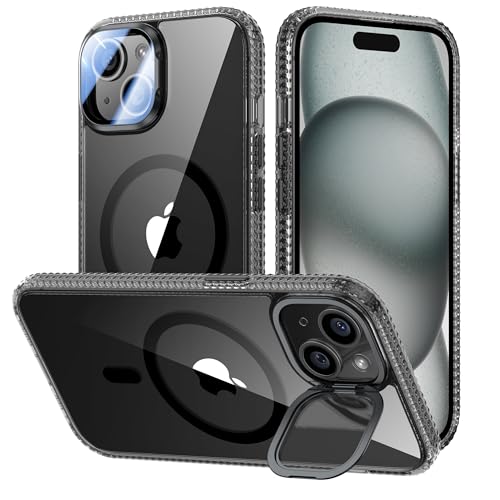 VOFATA [Upgraded] for iPhone 15 Case with Camera Cover Stand [Fit for MagSafe][9H Camera Lens Protector] Mil-Grade Protection Transparent Magnetic iPhone 15 Phone Case, Clear Black - color: Clear-Black, size: for iPhone 15 6.1"