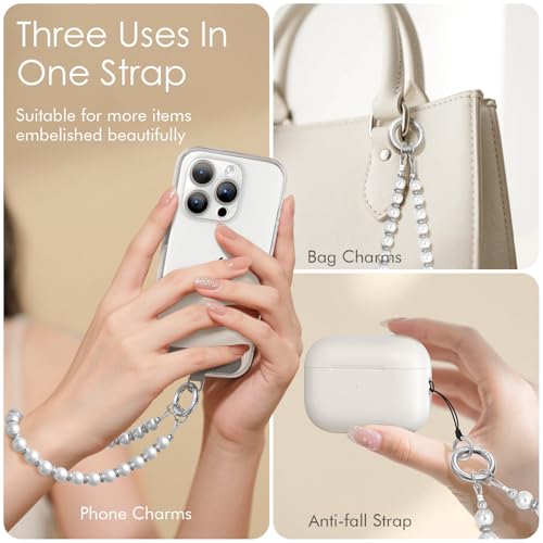 SURPHY Phone Charm, Handmade Beaded Phone Wrist Strap with Tether Tab - color: A- Pearl Silver