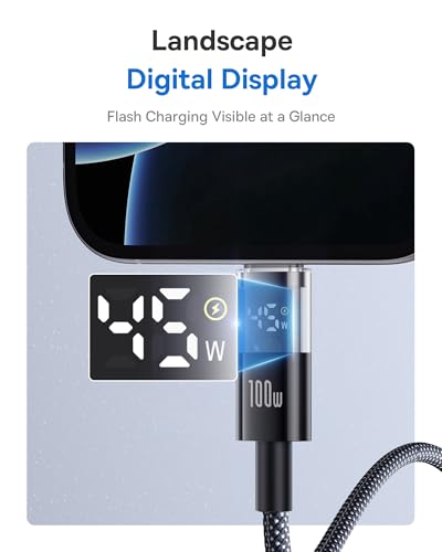 Baseus USB C Cable, 100W 5A Fast Charging USB C Charger Cable with LED Display, Zinc Alloy Nylon Braided USB C to USB C Cable for iPhone 16/Pro/Plus/Pro Max, MacBook, iPad Pro, Galaxy S24/S23 (6.6ft) - size: 6.6ft