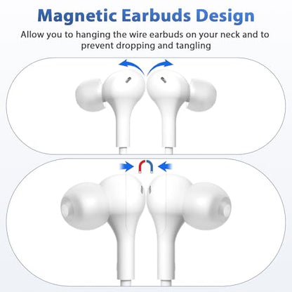 USB C Headphones with Case & Mic Wired Earbuds 90° Angled for Apple Android - color: White