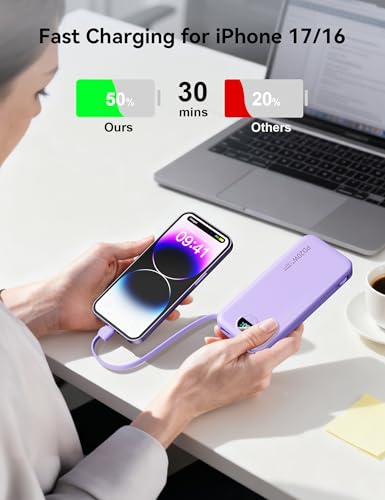 Portable Charger Power Bank 10000mAh with Built in Cables & Wall Plug - color: Violet