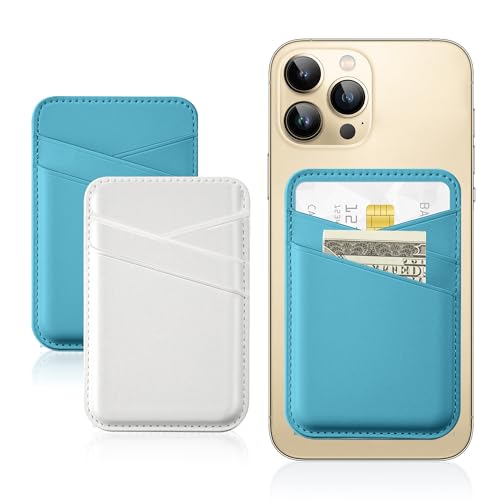 SHANSHUI Cell Phone Wallet, Ultra Slim Leather Adhesive Card Holder for Phone Case Compatible with iPhone, Most Smartphones -2 Pack White Blue - color: White + Blue